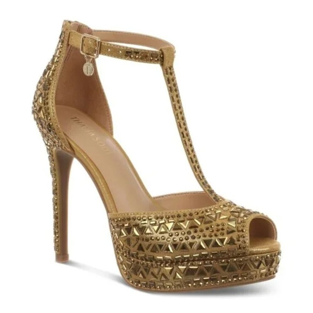 99$ Thalia Sodi Chacey Embellished T-Strap Platform Pumps Size 8 US Gold